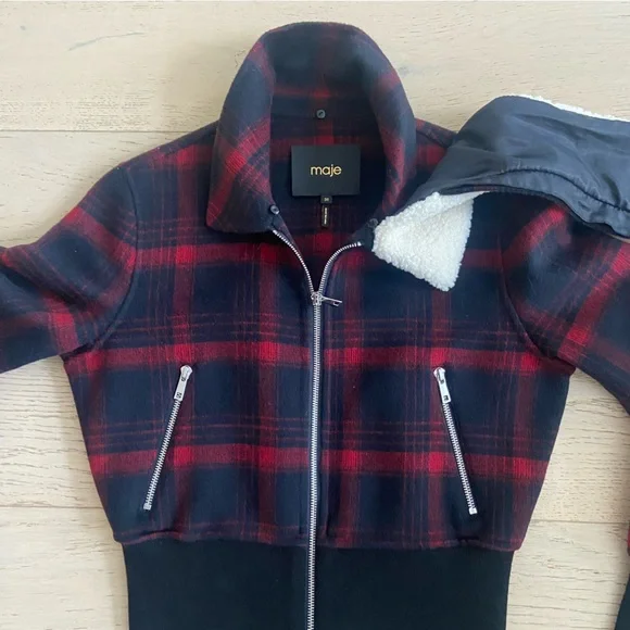 MAJE Bloppane Plaid Wool Blend Bomber Jacket FR38 US6 Red Navy Parisian Chic - Picture 4 of 11